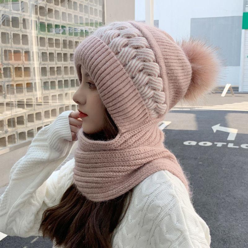 Hat and Scarf Integrated Women's Winter Warm Versatile Autumn and Winter Wool Hat Fashion Trendy Velvet Winter Knitted Hat