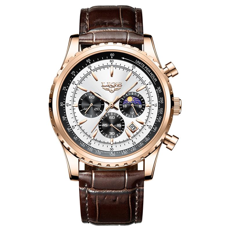 LIGE Business Men's Watch Chronograph Quartz Wristwatch Fashion Moon Phase Calendar Clock Waterproof Luminous Male Watch