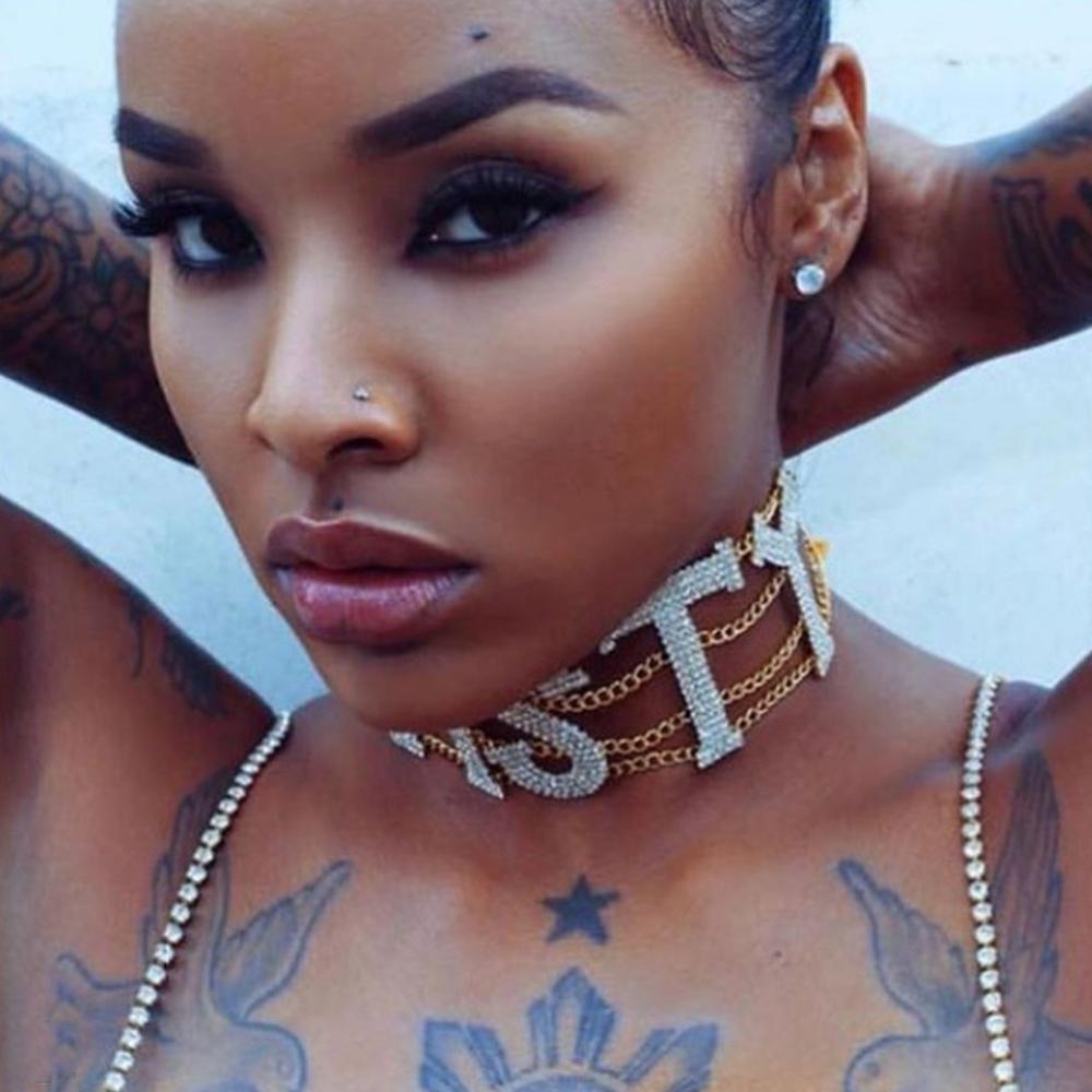 StoneFans FANCY NASTY Rhinestone Choker Necklace for Women Statement Crystal Choker Letters Necklace Party Jewelry Accessories