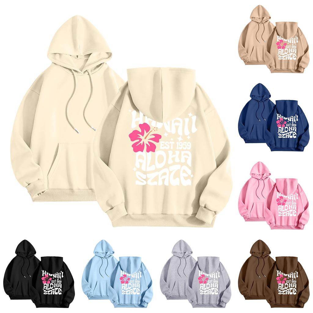 Women's Fashion Long Sleeve Sweatshirt Letter Printed Hooded Drawstring Pullover Oversized Pocket Sweatshirt Top