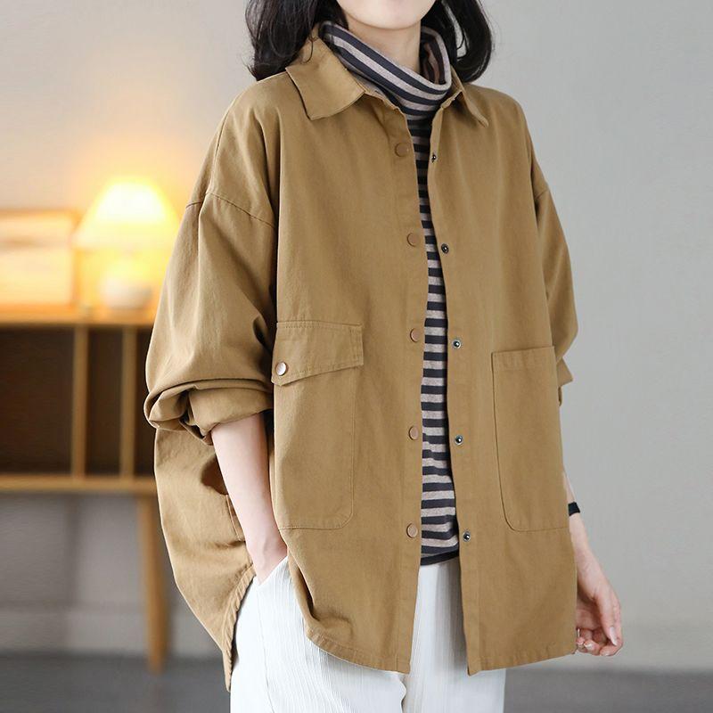 Loose Women's Windbreaker with Long Sleeves and Vintage Style Shirt Coat