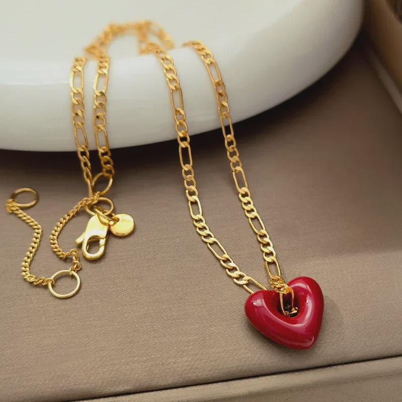 High-Grade Wine Red Heart Necklace & Earrings - Copper Plated, Real Gold, Simple Hong Kong Style Clavicle Chain
