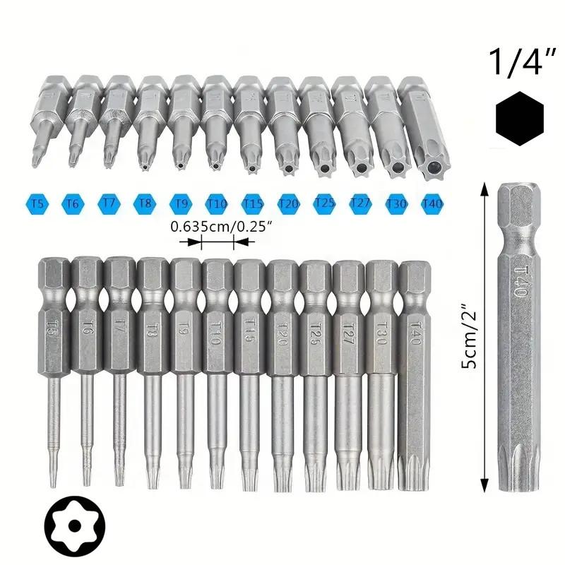 Набор из 12 бит Torx, магнитный шестигранный хвостовик 1/4", набор сверл Star с защитой от несанкционированного доступа, длинное сверло 2 дюйма T5-T40(50мм)
