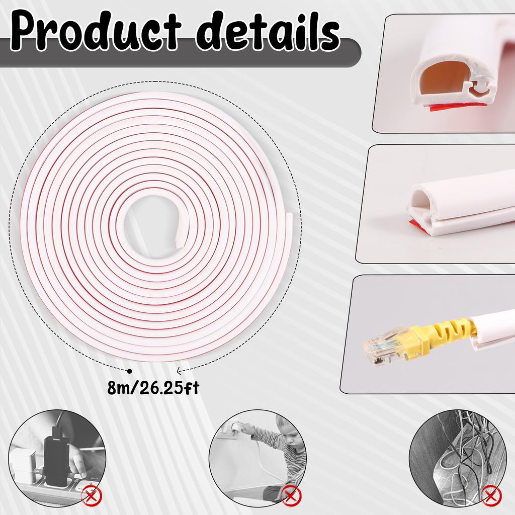3/5/8m Floor Cord Cover for Extension Cords Self Adhesive Wall Cable Concealer Flexible Cable Hider Cover Wire Protector