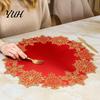 Winter Holiday Party Tableware Christmas Embroidered Placemat, Red And Gold Snowflake Table Dining Decor Mat, Heat Resistant Polyester Decorative Mat