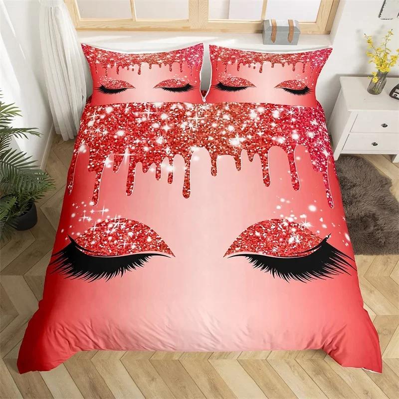 Eyelash Duvet Cover Set Eyes Pattern Design Comforter Cover Microfiber Girly Priness Style Glitter Twin King Queen Bedding Set