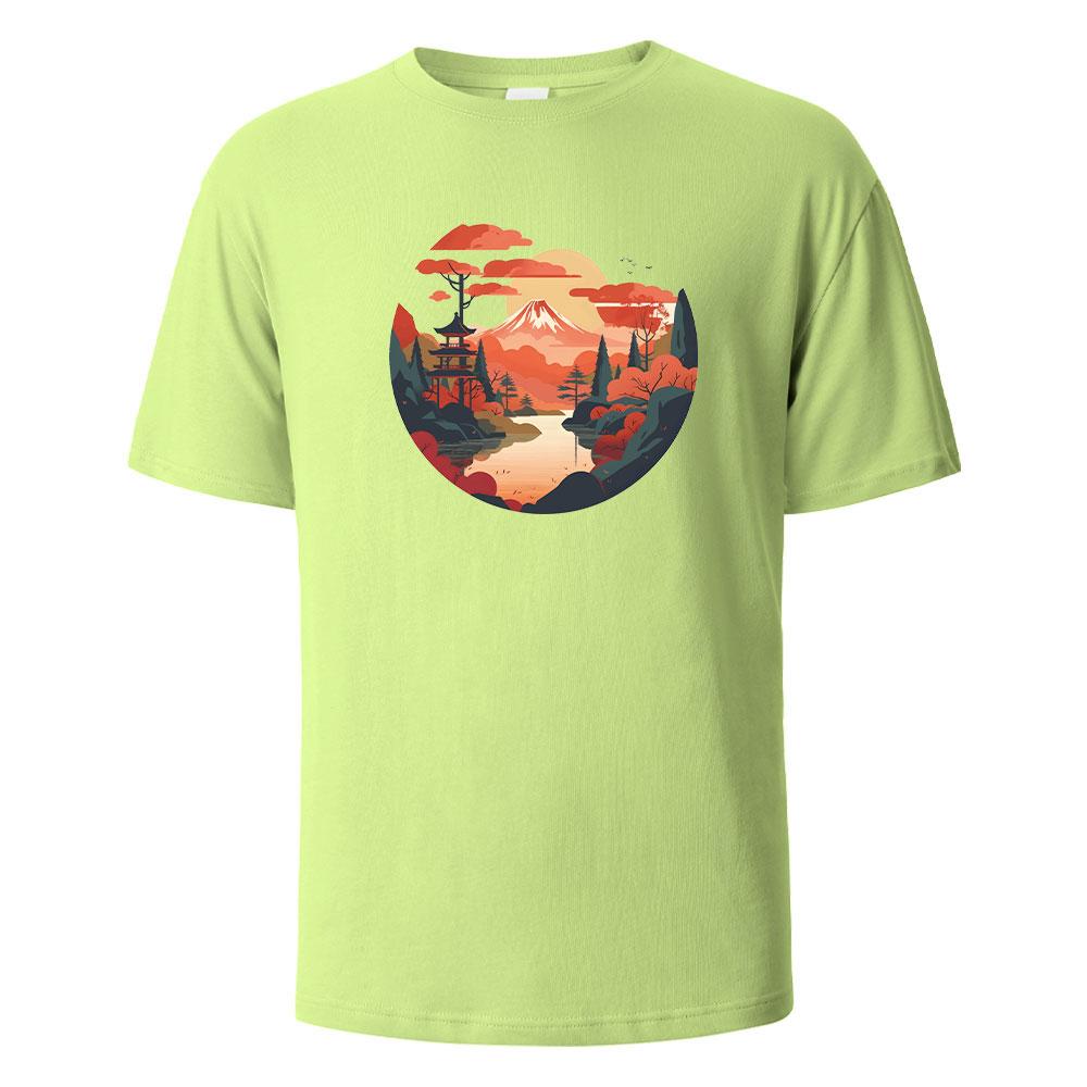 Mount Fuji Print TShirt Casual Short sleeved Streetwear Basic Tops Summer Tees For Men Women 100 Cotton Oneck Oversize