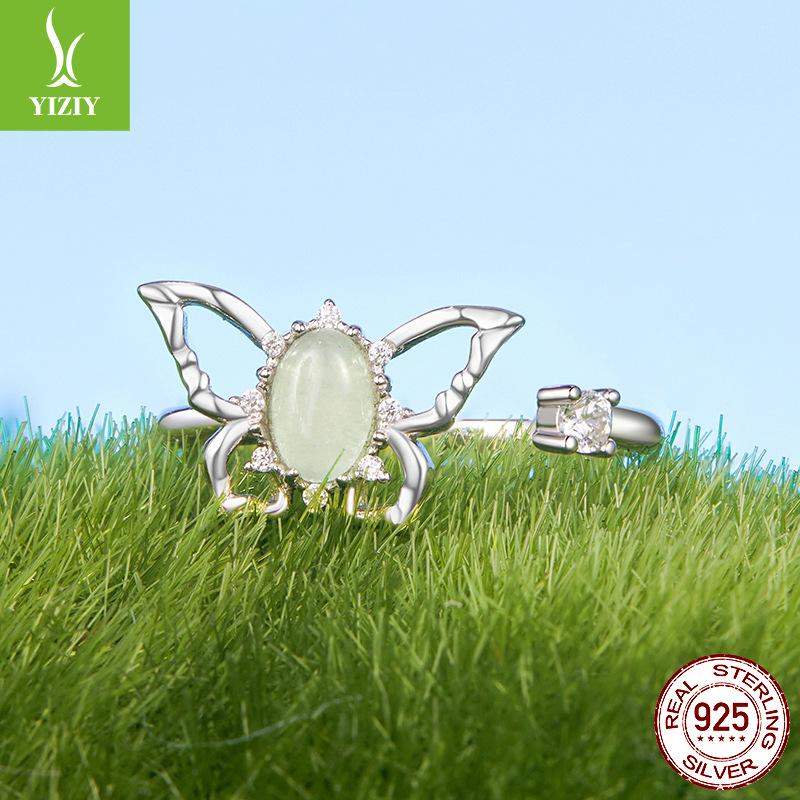 Design Butterfly Open Ring, Spring 925 Sterling Silver Stylish Simple Natural Jade Jewelry