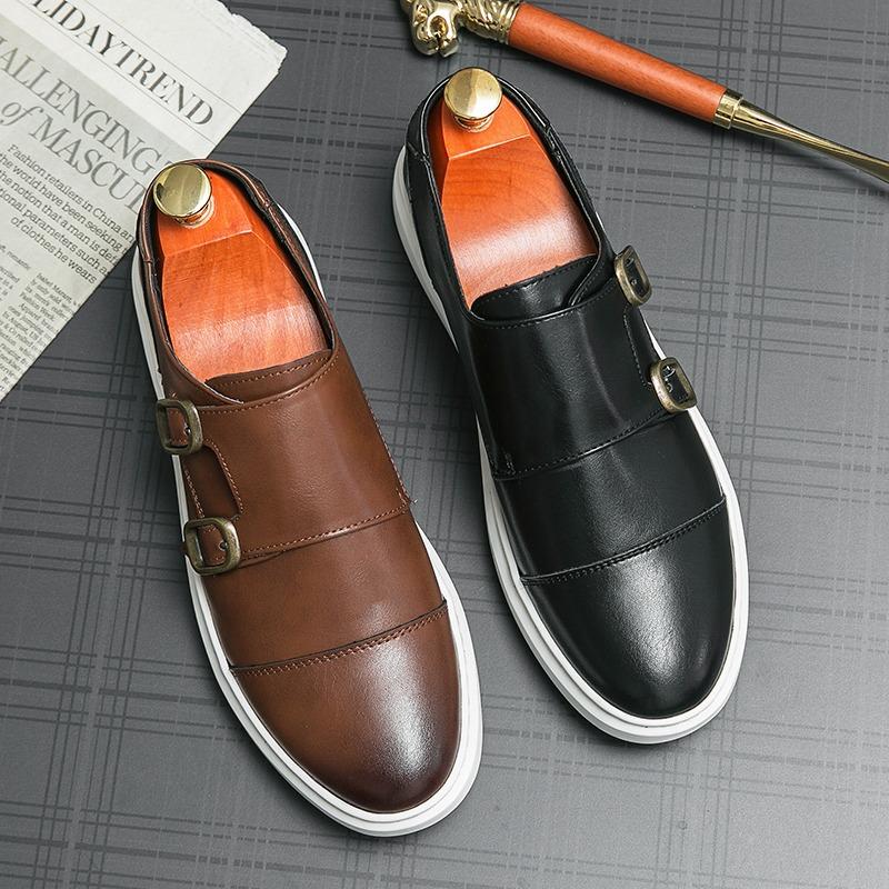 Men Double Buckle Casual Shoes Autumn Leather Loafers Office Shoes for Men Driving Business Comfortable Slip on Shoes Men