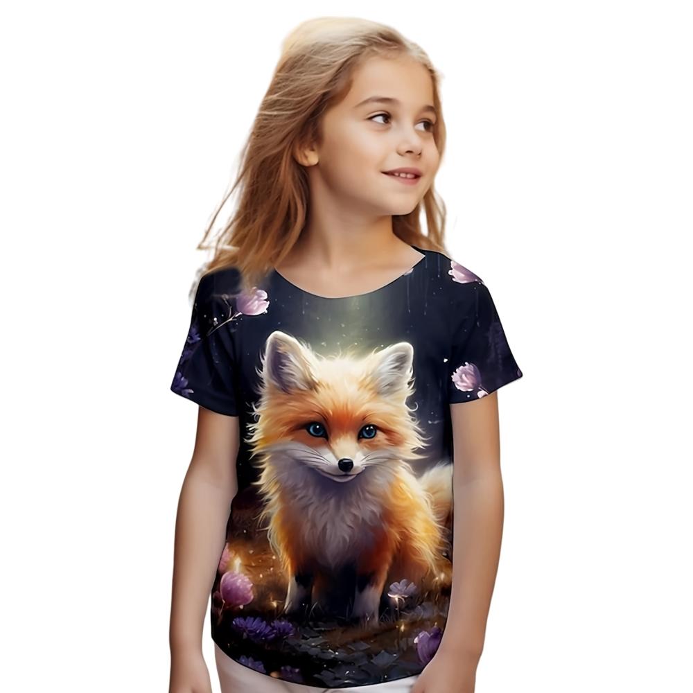 Детская футболка Одежда для девочек Животный 3D-принт Детский топ Летняя детская футболка Повседневная футболка с круглым вырезом Модная футболка Одежда для девочек-подростков