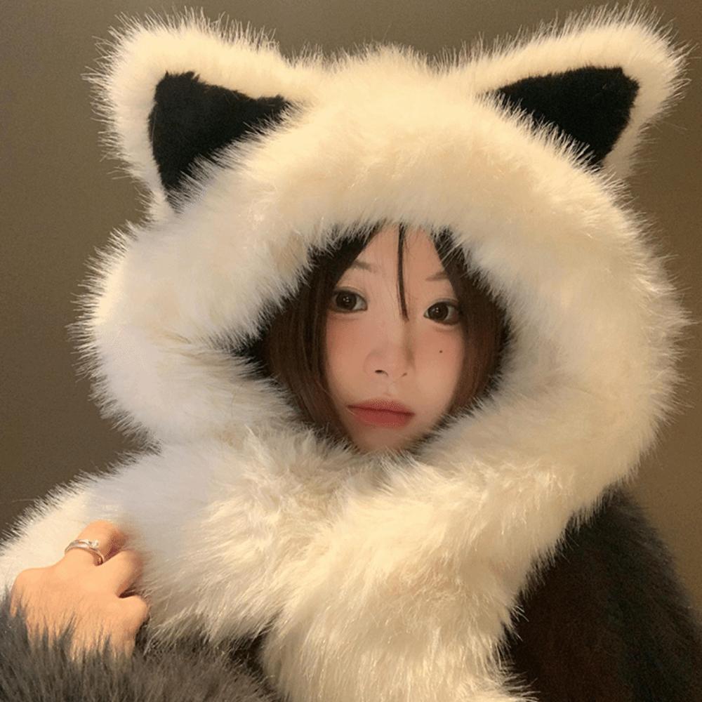 Windproof Integrated Cap Scarf Soft Hooded Scarf Neck Warmer Plush Vixen Ear Beanie Hat Daily
