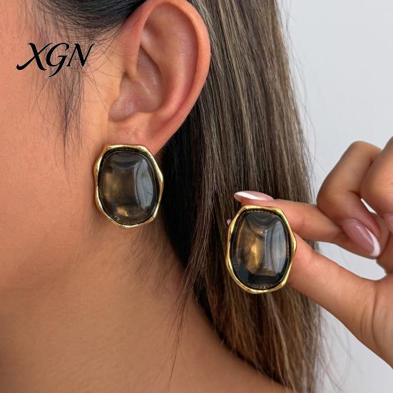 Gift for Her on Birthday 1 Pair Natural Healing Stone Stud Earrings Women, Gold Lightweight Daily Wear Plated Oval Resin Earrings, Faux Crystal