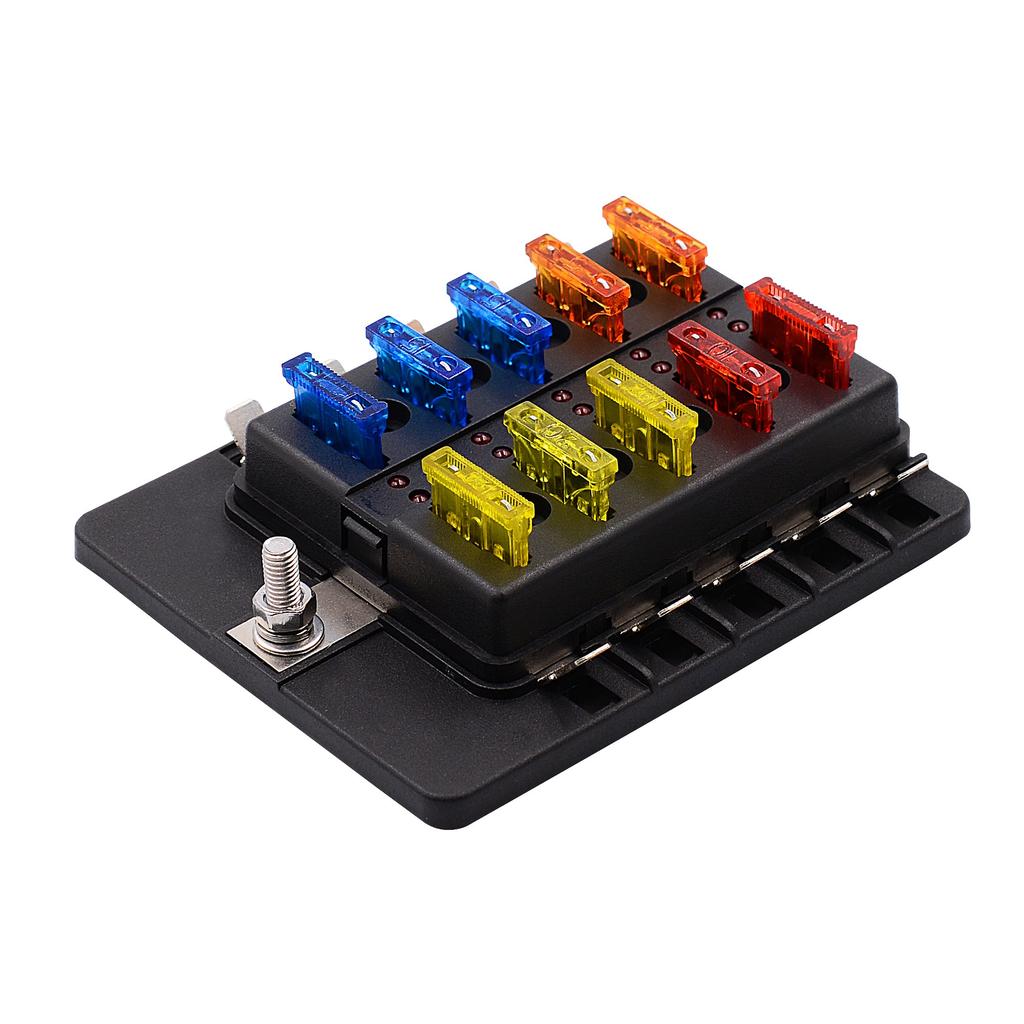 PC Terminal Block Type, 1 In 10 Out Fuse Boxes for Cars, RVs, and Ships, with LED Lights, 12-32V