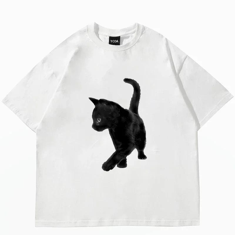 Women's Cute Cat Print Short Sleeved Cotton T-shirt Women's Harajuku Fashion Couple Loose Fitting Retro Street Style Clothing