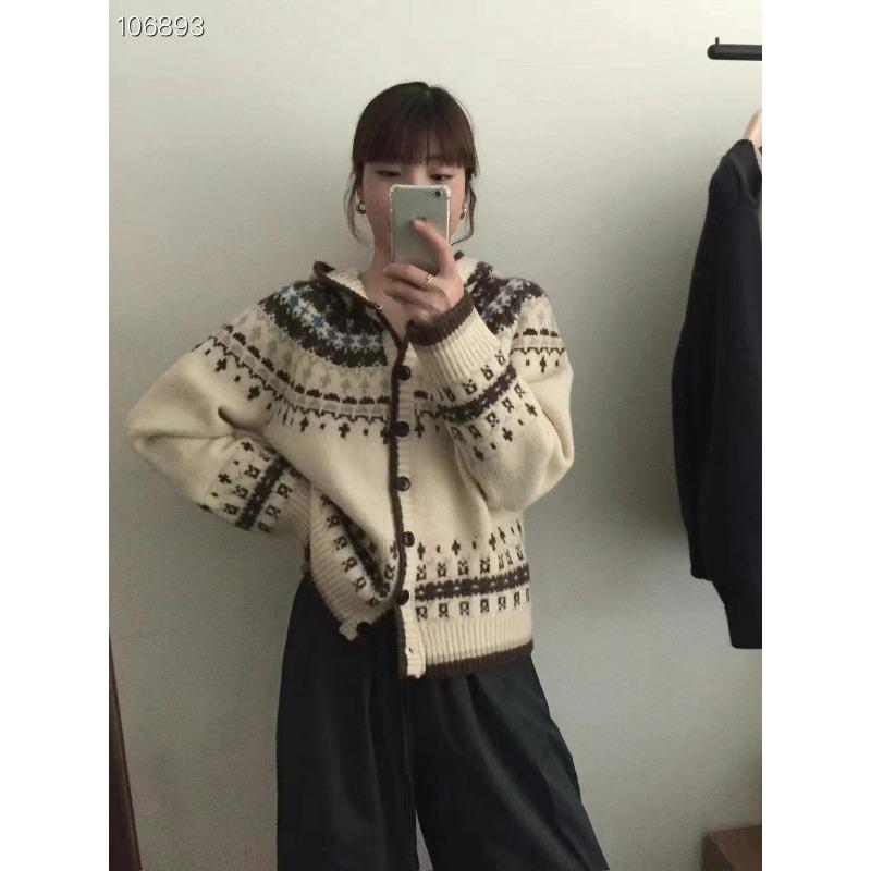 Fair Island Retro Style Contrasting Color Jacquard Hooded Knitted Cardigan Women's Autumn and Winter New Soft Waxy Sweater Jacket