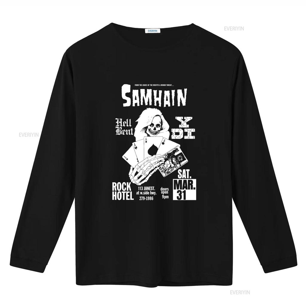 Samhain Rock Hotel Flyer Unisexs Black T Shirt Premium Cotton Danzig Misfits Skull Playing Cards Design Vintage Washed Stretched