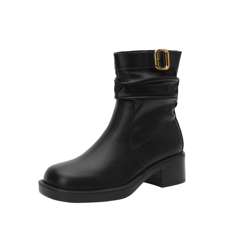 Популярные в этом году ботинки в западном стиле, ретро, плиссированные, короткие ботинки, женские, осень-зима 2025, новые, с круглым квадратным носком, на толстом каблуке, ботинки Мартин