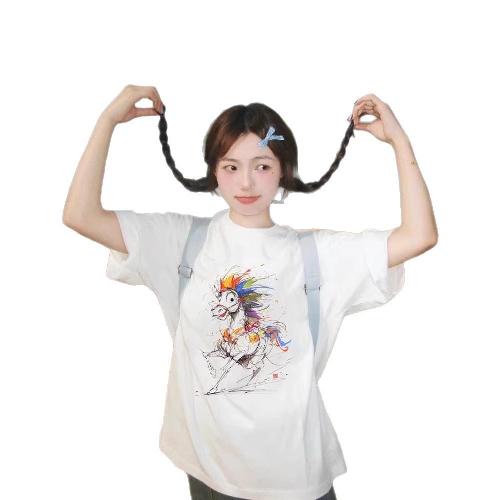 White painting pony short-sleeved t-shirt women's summer new popular loose design niche huge good-looking top