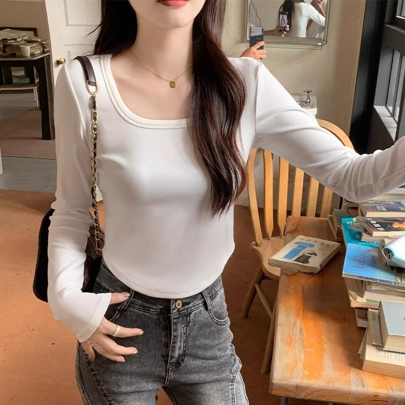 Европейские модные рубашки, новые футболки с длинным рукавом для женщин, осенне-зимний квадратный воротник, правое плечо, неровные верхние части из немецкого бархата