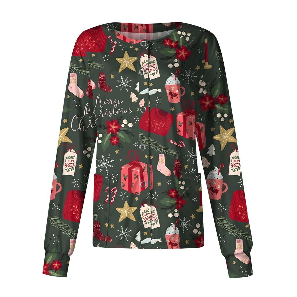 Женская повседневная модная однобортная куртка с длинным рукавом и стоячими лацканами с рождественским принтом, защитная рабочая куртка