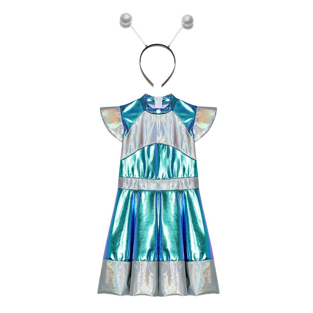 Детский костюм для косплея на Хэллоуин для девочек, космический костюм милашки, платье с забавным аксессуаром-кольцом для волос в стиле инопланетянина