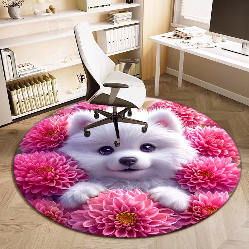 1Pc Cute pet Chihuahua Border Collie Printed circular carpet, home door mat, outdoor travel protection carpet