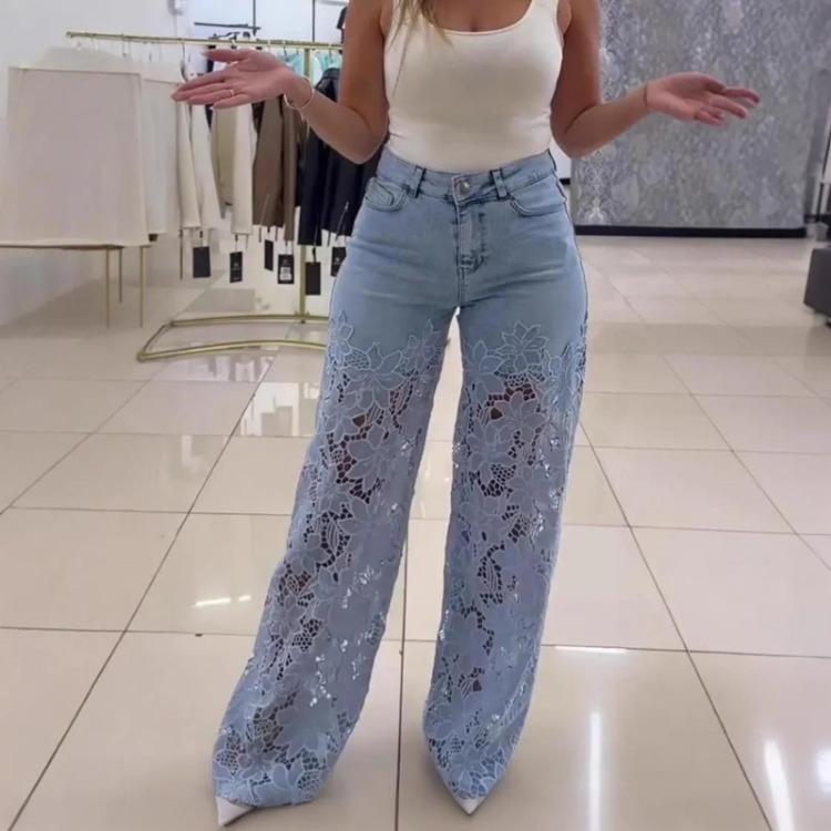 Женские повседневные джинсовые брюки однотонные прилегающего кроя с драпировкой универсальные кружевные пэчворк