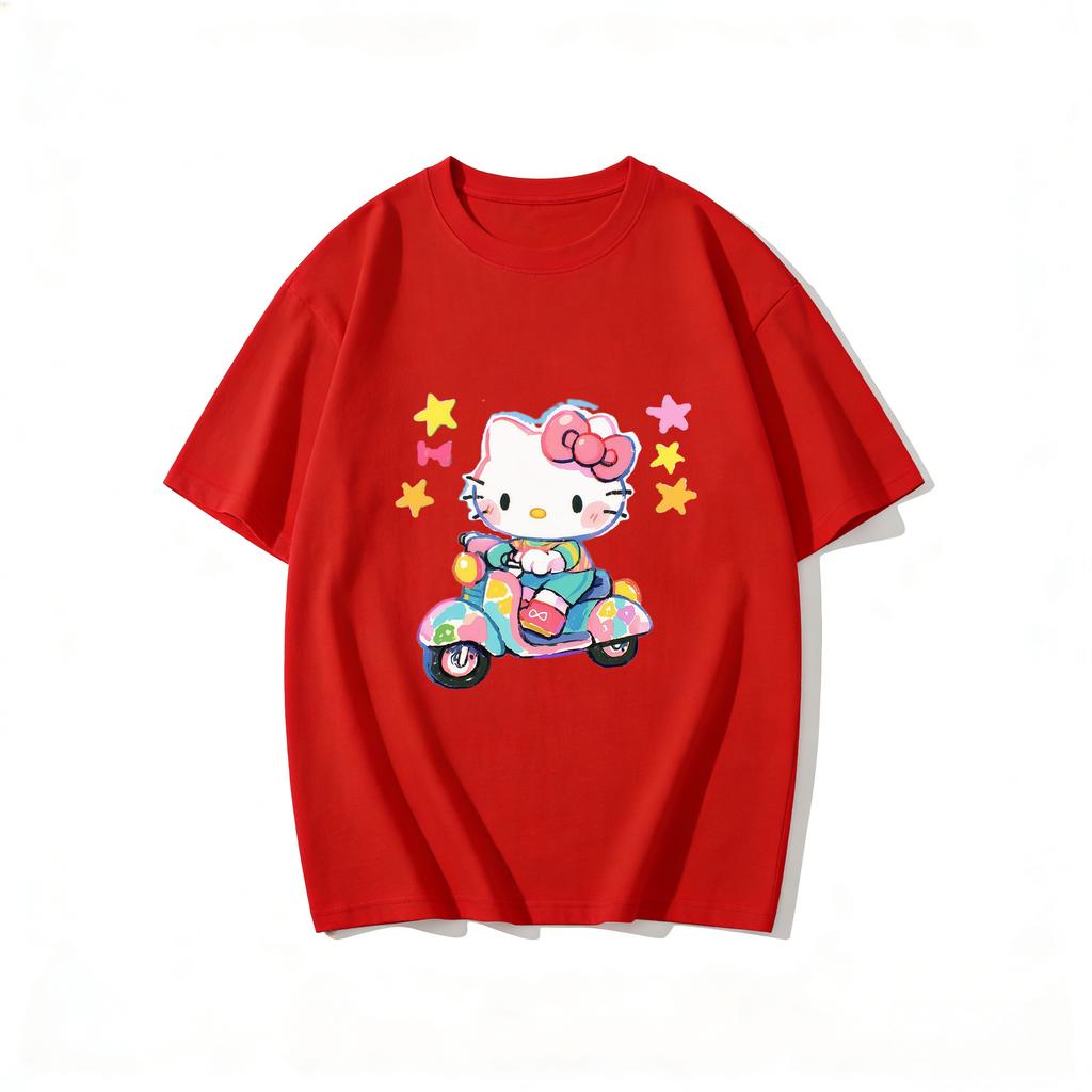 2026 Summer Hot Sale New Arrival Kawaii Kitty Scooter Print Couple T Shirt Casual Loose Family Matching Outfits Parentchild Tee