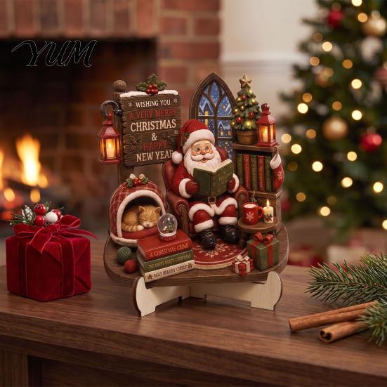 Decorative Wooden Holiday Signs 2D Christmas Castle Tabletop Ornament, Santa Scene Bookshelf Decoration Festive Fireplace Table Decor with Stand, Gift