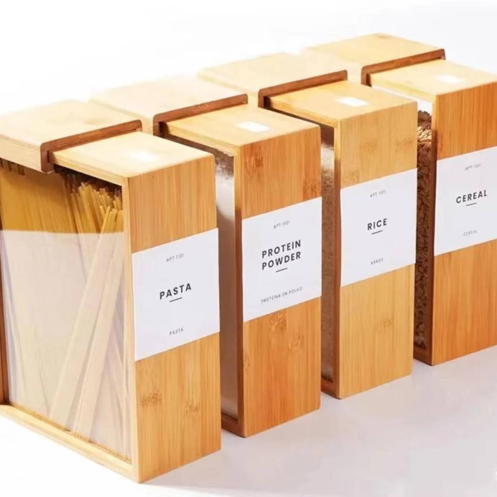 1/2 шт. Креативный контейнер для хранения с бамбуковой текстурой, Кухонный деревянный органайзер для кладовой с раздвижной крышкой, Диспенсер для риса, Бытовой