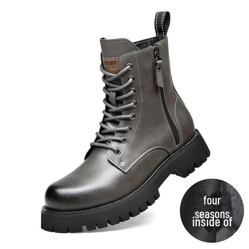 Мужские осенне-зимние желтые ботинки из натуральной кожи с толстой подошвой, боковой молнией и круглым носком — удобные, средней высоты, в стиле Martin.