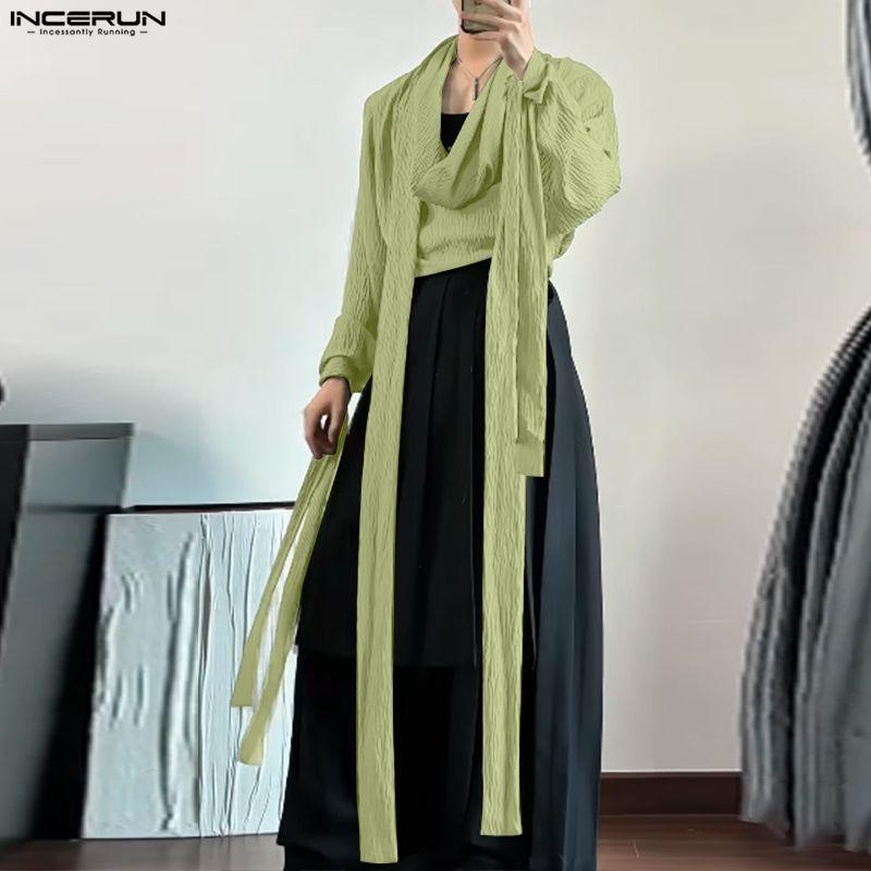 INCERUN Мужские рубашки оверсайз с отложным воротником, длинным рукавом, оборками и неровным низом