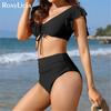 S-XL сексуальное бикини на шнуровке с рюшами и высокой талией, женский купальник, женский купальник, комплект бикини из двух частей, купальный костюм для плавания