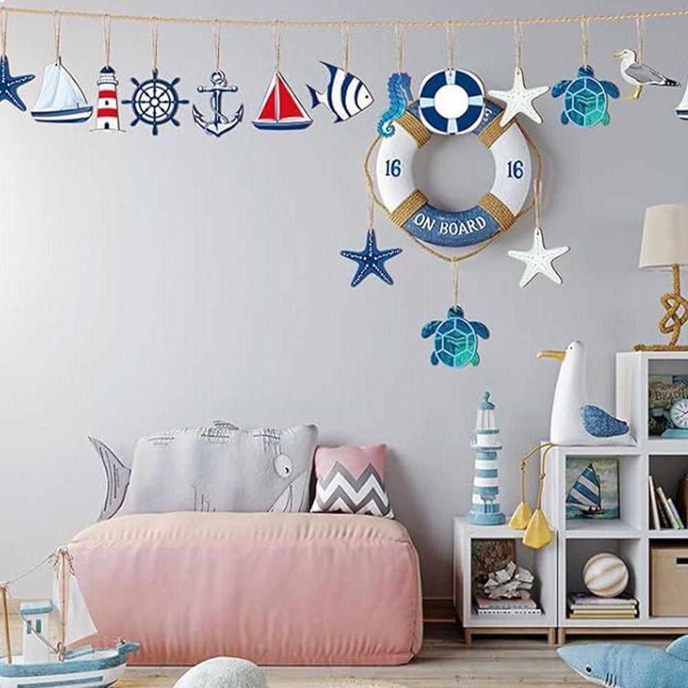 24pcs Wooden Sea Animals Hanging Ornament Ocean Themed Signs Decorations  for Wall Tropical Bar