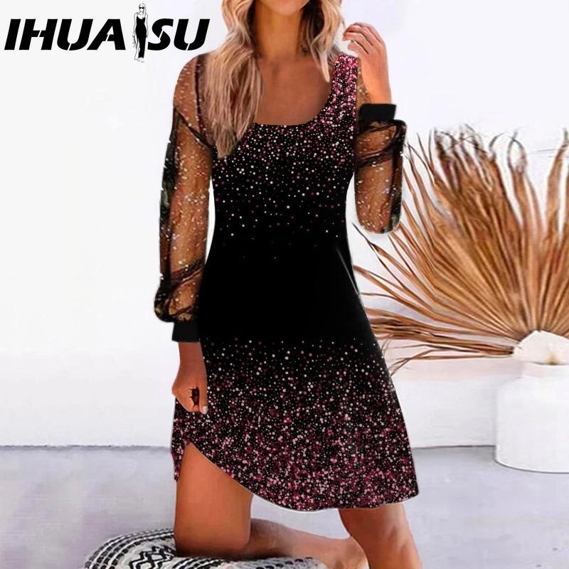 IHUASU Женская мода весна осень однотонный принт длинный рукав U-образный вырез высокая талия повседневные платья