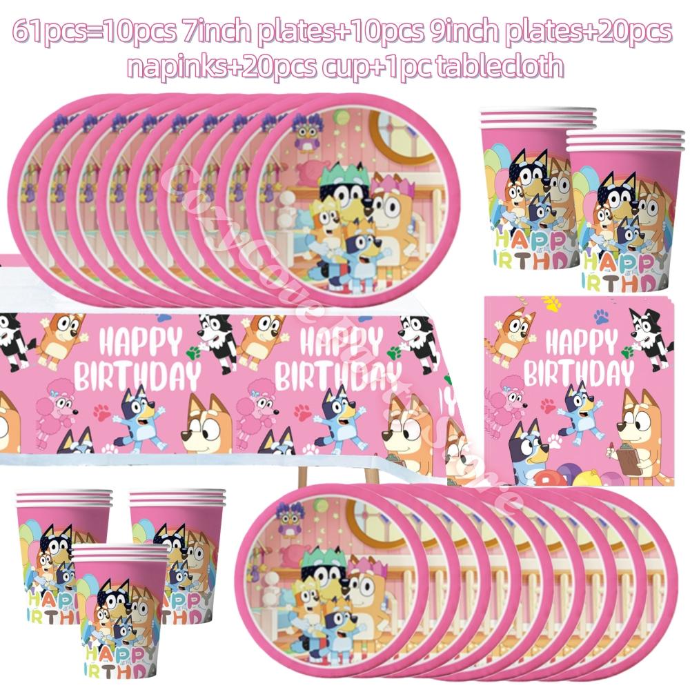 Pink Bluey Birthday Party Decoration Bingo Puppy Tableware Set Cup Plate Straws Balloons For Kids Favor Gifts Photo Booth Props