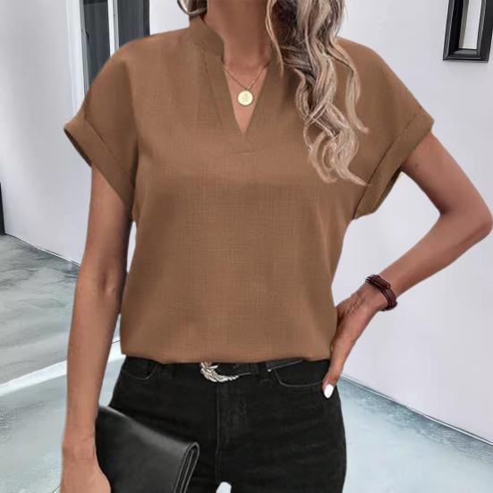 Women Summer Casual Shirt V-Neck Short Sleeve Loose Fit Pullover Tops Office Lady Simple Blouse Workwear