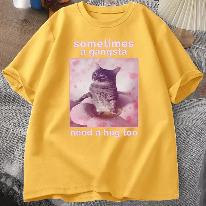 Sometimes A Gangsta Need A Hug Funny Cat Meme T-shirt Men Women Goofy Ahh T Shirt Y2k Graphic T Shirts Oversized Tee Clothing