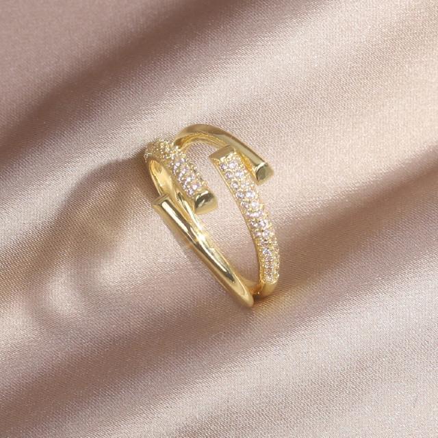 Корейский дизайн модные ювелирные изделия 14K настоящее золотое покрытие двойной крест циркон кольцо элегантное женское открывающееся регулируемое кольцо