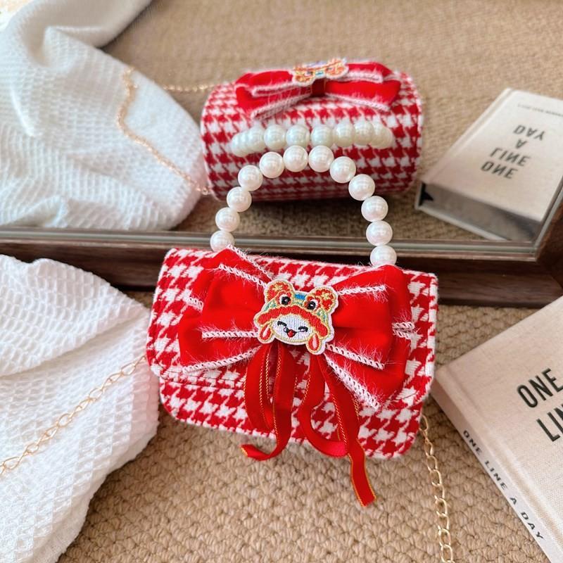 Red Delightful Cute Bowknot Childrens Handbag With Trendy Chain And Pearl Handle