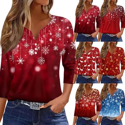 Женская футболка с рождественским принтом, на пуговицах, рукав 3/4, повседневная, выходного дня, модная, базовая, с V-образным вырезом, стандартный топ