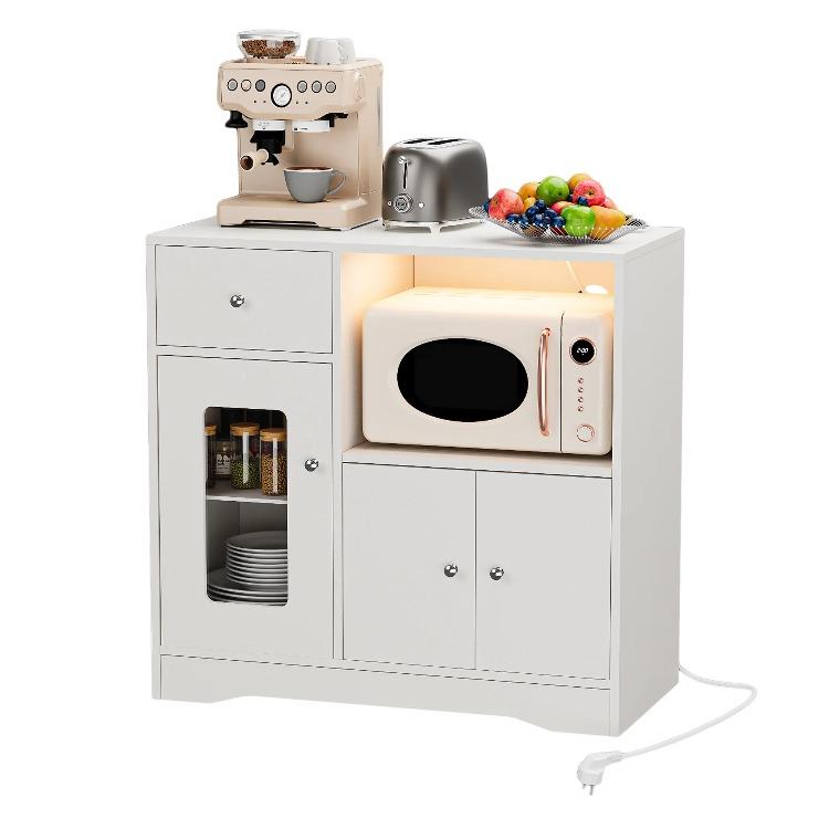 Wood Sideboard Corner Cabinet One Drawer 2 Doors Side Cabinet With Charging Station Sideboard With Microwave Shelf Buffet Light