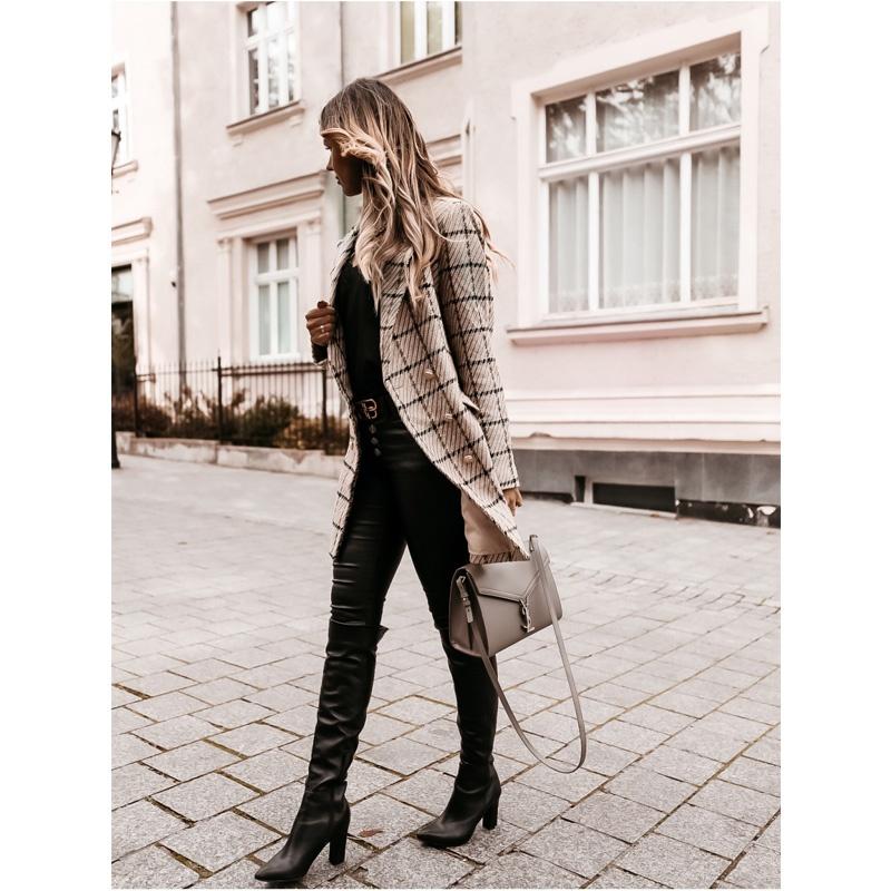 Women's Fashion Plaid Houndstooth Printing Long Jacket Lapel Trench Coat Overcoat Winter Wool Coat Women Abrigos Mujer