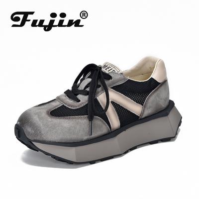 Fujin 4,5 см массивные кроссовки из натуральной кожи с воздушной сеткой, летние ботильоны разных цветов, удобные ботинки на плоской подошве, дышащая женская обувь