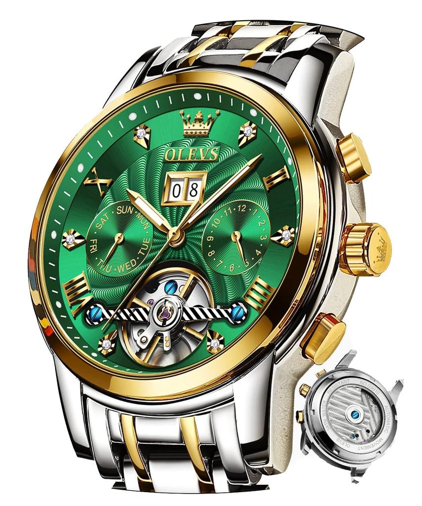 OLEVS Часы Cool Popular Green Automatic Date Mechanical Hand Watch Водонепроницаемые Светящиеся Механические Зеленые Золотые Мужские &