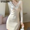 Spring and Autumn Women's Dress Knitted Bottom Dress Women's Sexy V-Neck Knitted Dress Slim Fit Wrapped Hip Woolen Dress