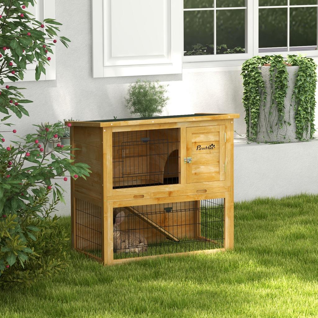 Wooden Rabbit Hutch 2 Levels with 3 Doors Sliding Tray Ramp Asphalt Roof 85 x 50 x 80 cm Yellow