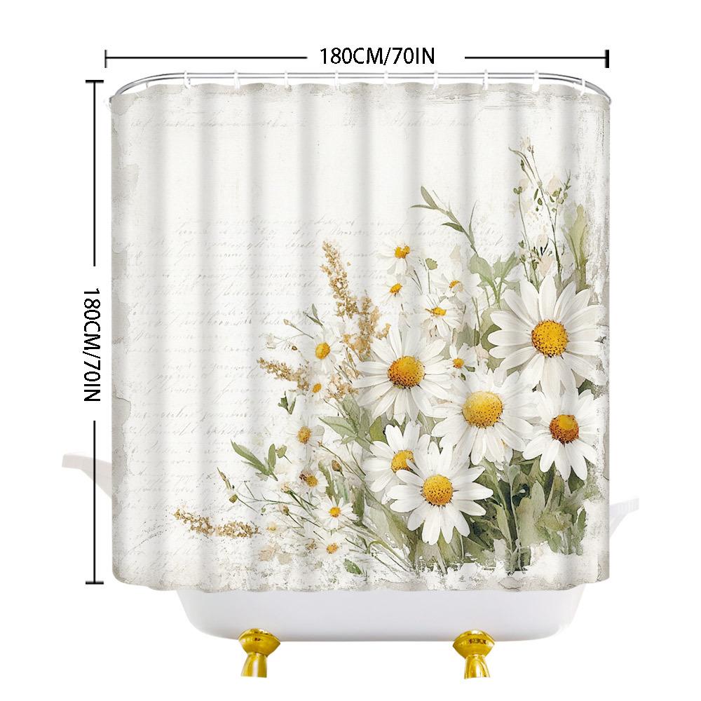 Антикварная шторка для душа с букетом маргариток - Цветочный узор с текстурой винтажной бумаги, Белые и желтые маргаритки, Полиэстеровая ткань