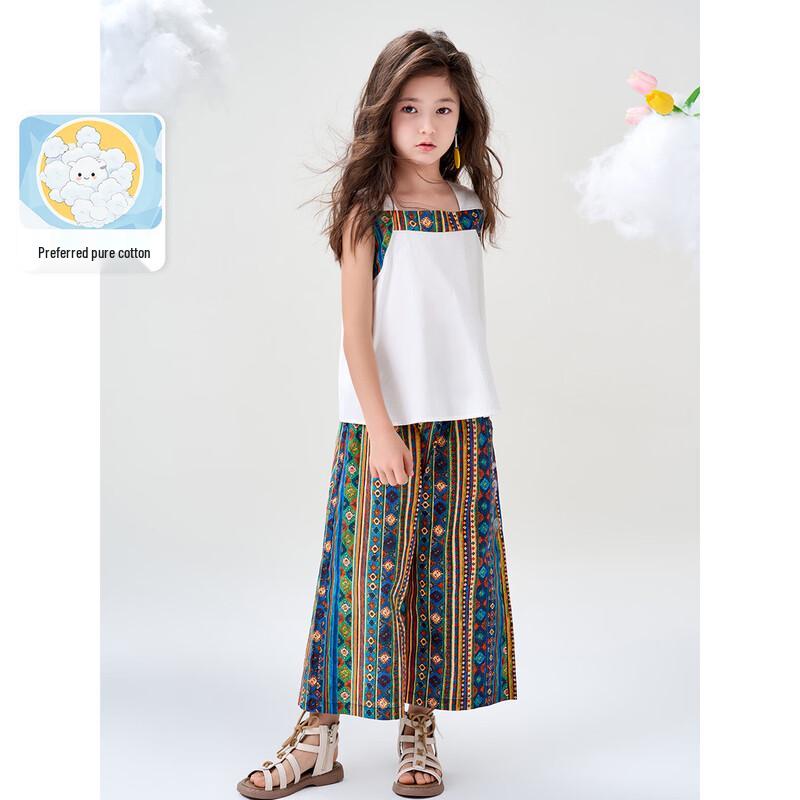 Montagut Girls' Summer Ethnic Style Sleeveless Top & Wide-Leg Pants Set
