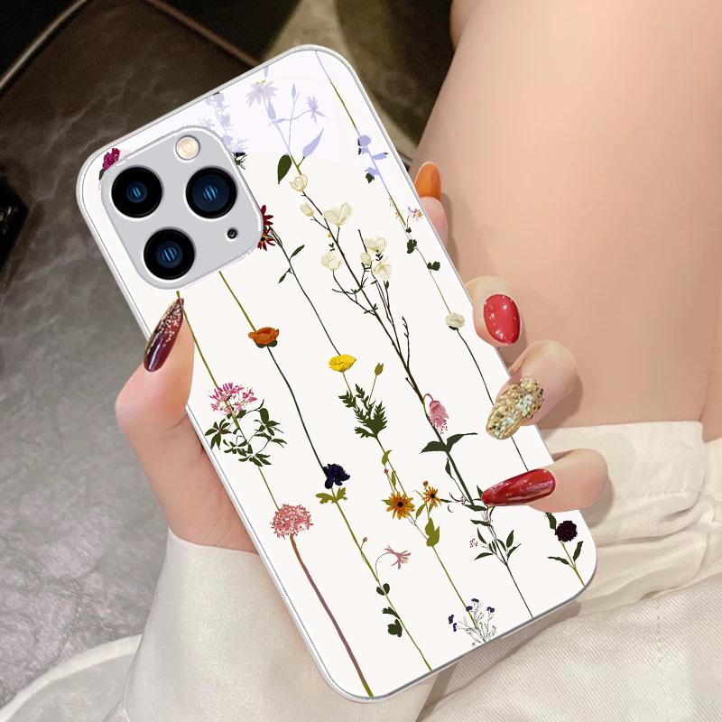 Зеленый чехол из закаленного стекла для телефона для iPhone 15 Pro 14 13 12 Mini 11 XS Max XR 7 8 Plu SE 2020 2022 Весенняя легкая лоза мелкий цветок